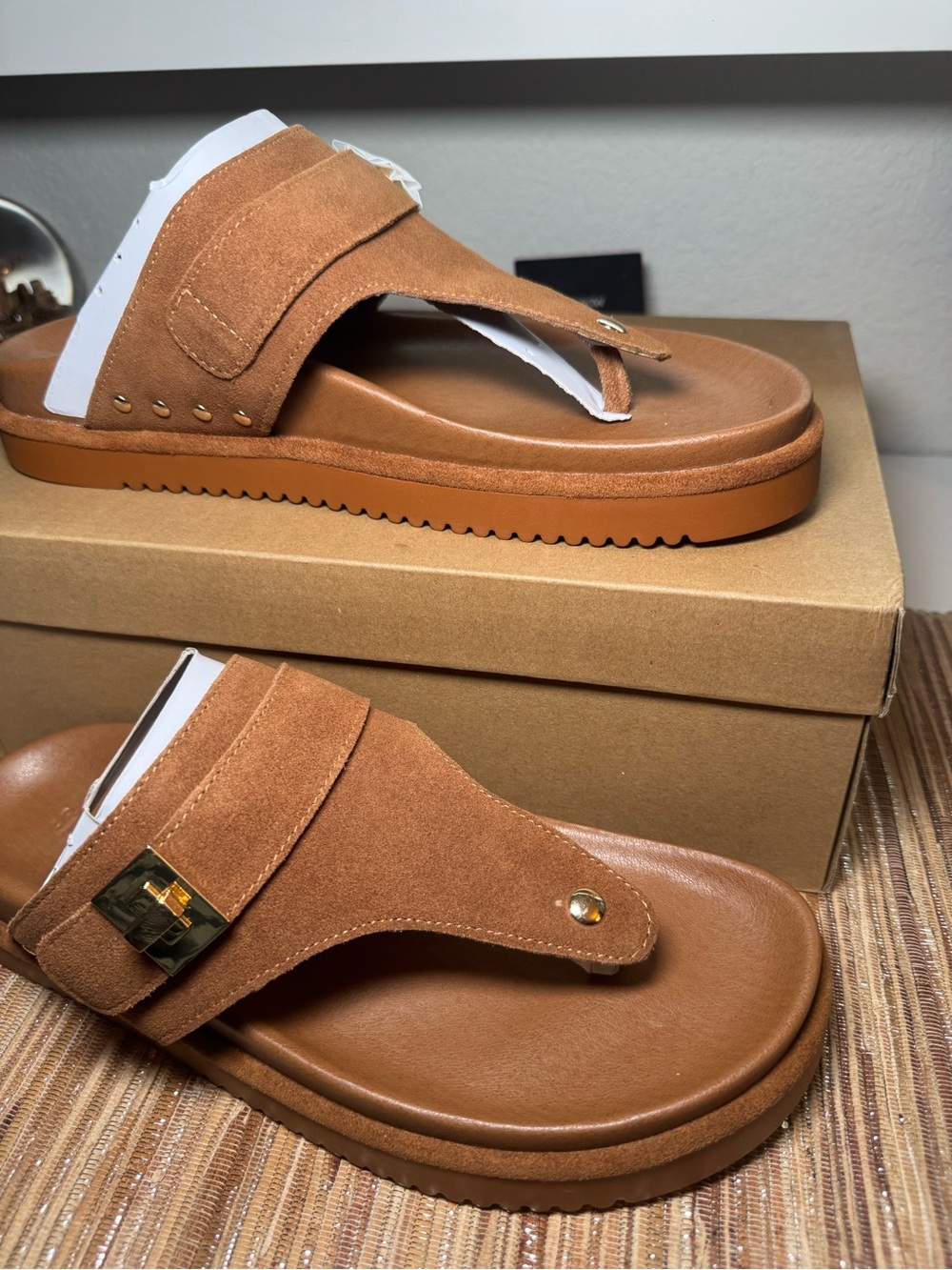 Steve Madden Tan Suede Toe-Post Sandals with Gold Accent